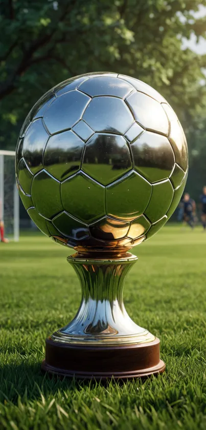 Shiny soccer trophy on green field with players in background.