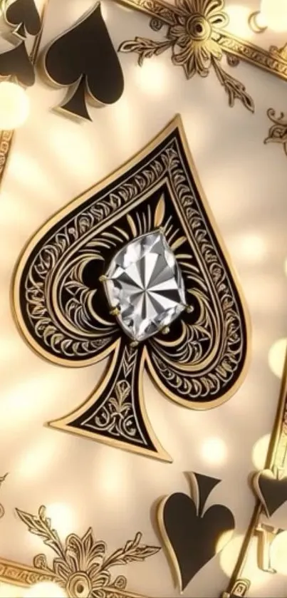 Luxurious golden spade card with diamond design wallpaper.