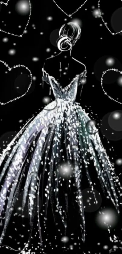 Illustration of a sparkling dress on a black background with heart patterns.