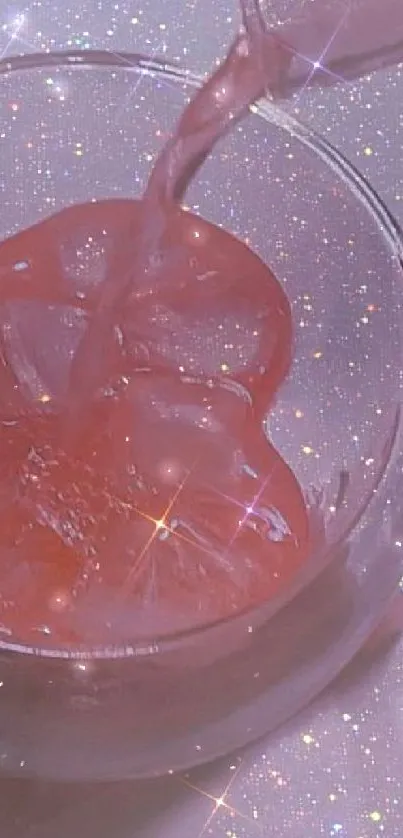 Sparkling pink drink with ice in a clear glass cup.