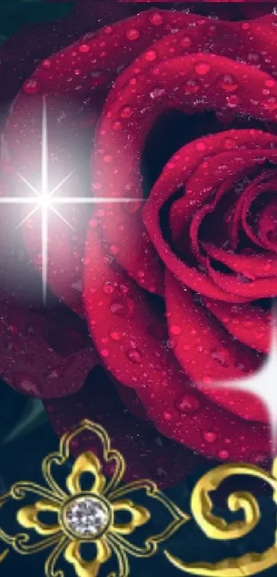 Red rose with sparkling stars and gold designs on dark blue background.