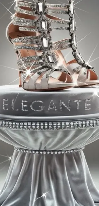 Glamorous shoe on silver pedestal with sparkling gems.