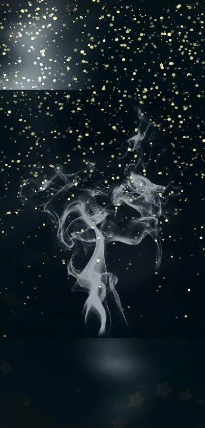 Dark wallpaper with golden sparkles and swirling smoke design.