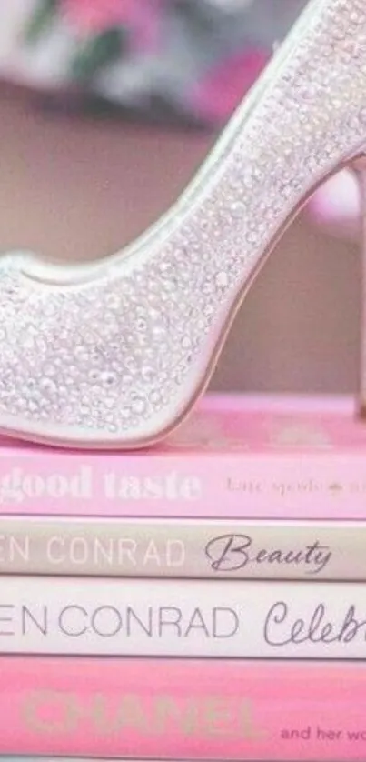 Elegant sparkly stiletto on pink books, chic fashion wallpaper.