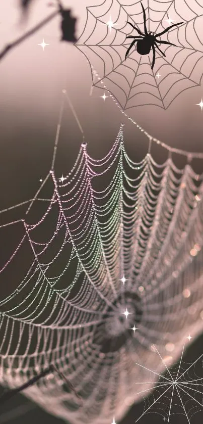 Elegant spider web with sparkling dew in soft gradient tones.