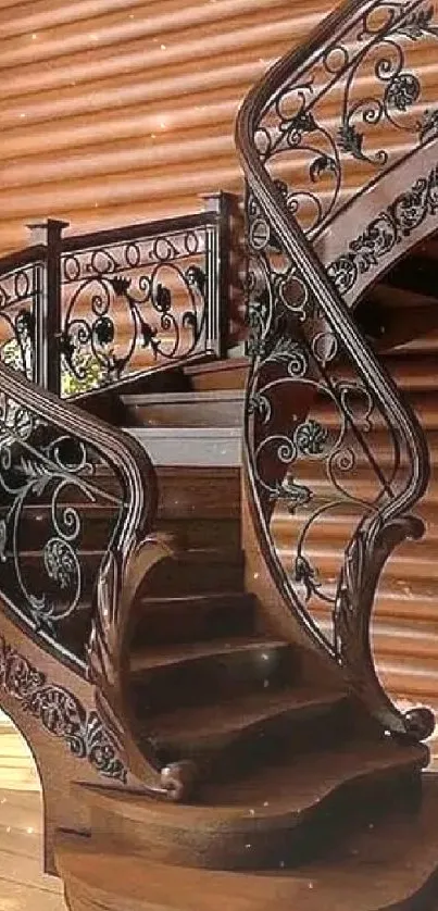 Elegant spiral wooden staircase in a cozy room setting.