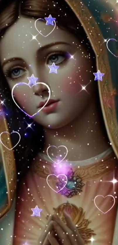 Ethereal spiritual art with hearts and stars, ideal for mobile wallpaper.