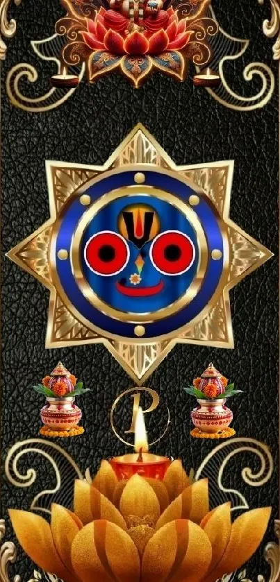 Intricate spiritual symbol with gold and floral accents on black background.