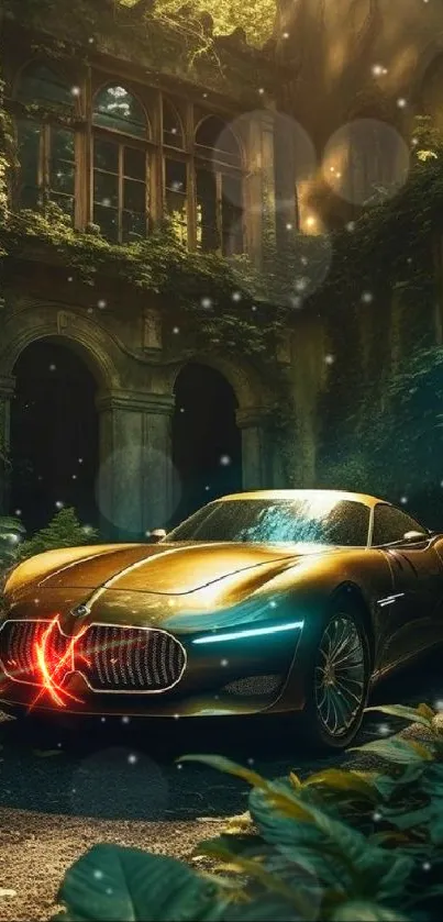 Golden sports car in lush, green outdoor setting.