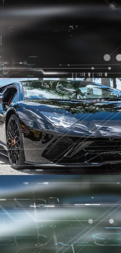 Sleek black sports car with digital overlay, perfect for mobile wallpaper.