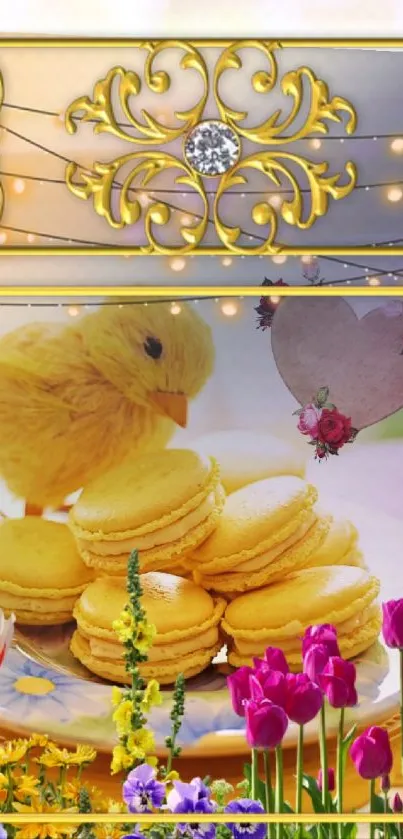 Elegant wallpaper with a chick, macarons, and flowers.