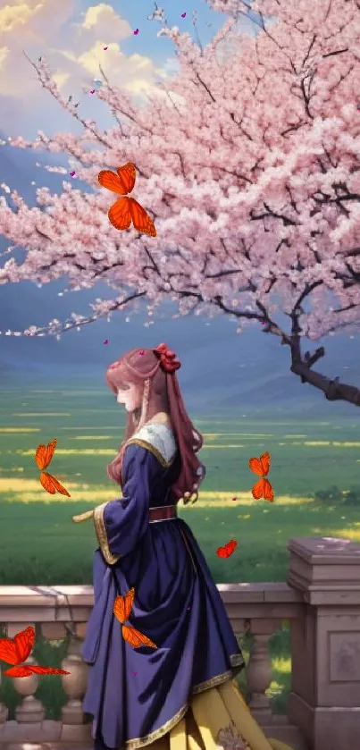 Tranquil figure with cherry blossoms in spring landscape.