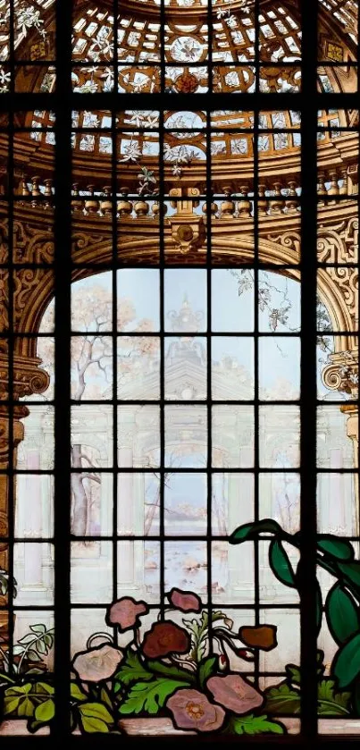 Elegant stained glass window with intricate floral design.