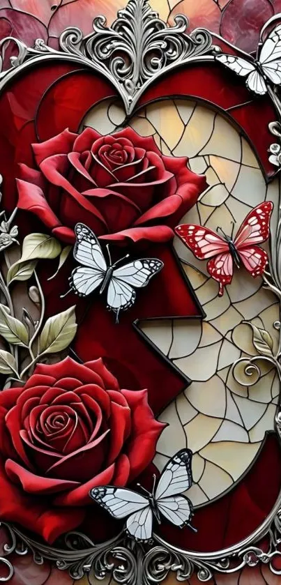 Stained glass artwork with roses and butterflies in red hues.