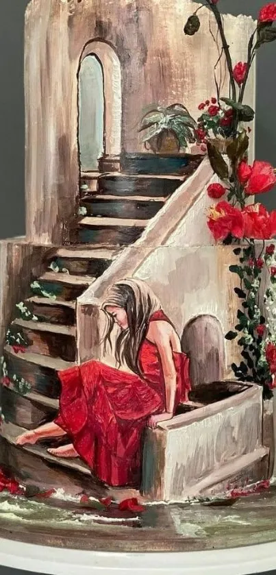 Elegant staircase cake art with a woman in red dress and floral accents.