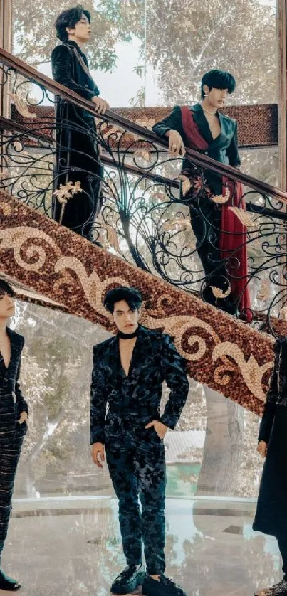 Five individuals posing elegantly on an ornate staircase in stylish attire.