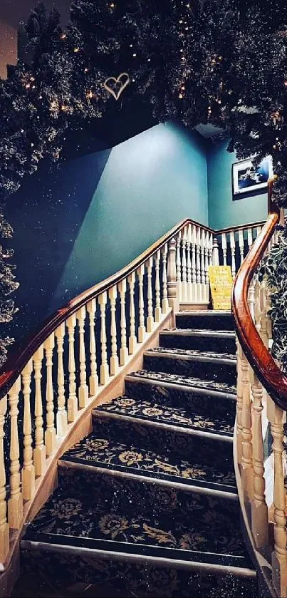 Elegant staircase with holiday garland and festive decor.