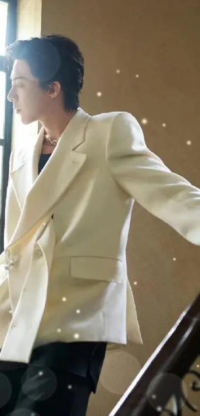 Person in white coat standing on a stairwell with natural light.