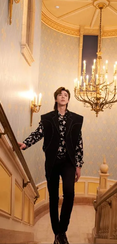 Elegant man on staircase under chandelier in luxurious setting.