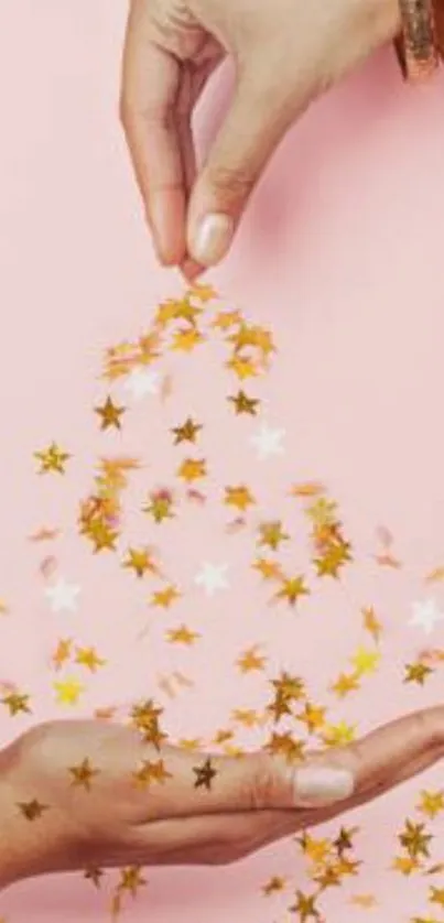 Elegant hands with golden star confetti on a pink backdrop.