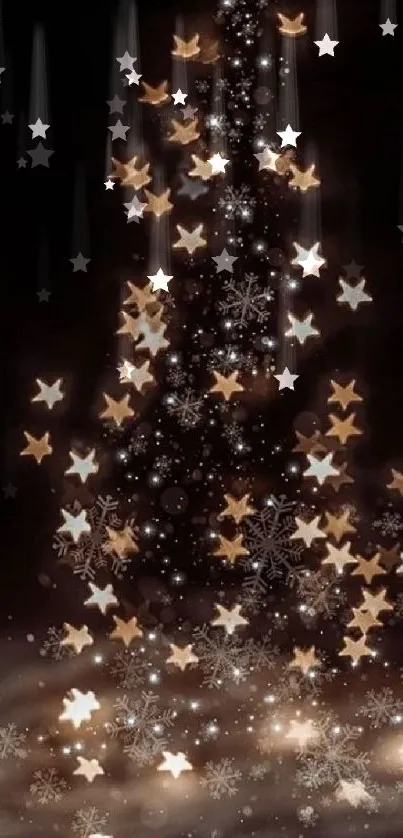 Festive Christmas tree wallpaper with glowing stars and snowflakes on a dark background.