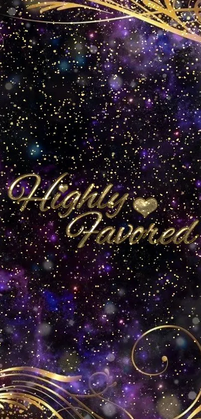 Mobile wallpaper with gold accents and 'Highly Favored' text on a starry background.