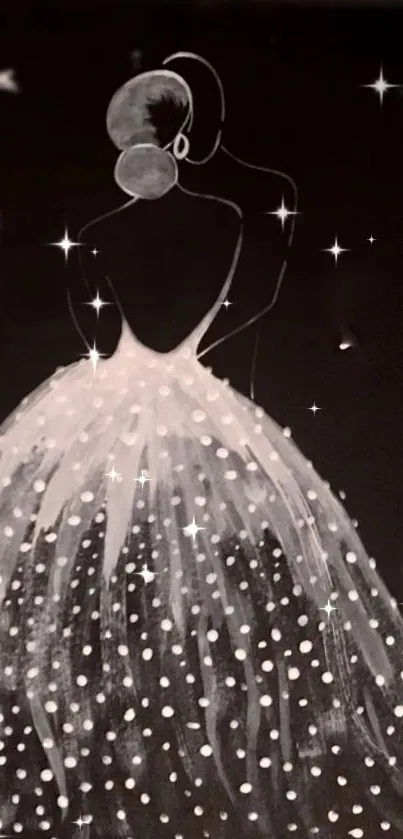 Minimalist illustration of an elegant figure against a starry black background.