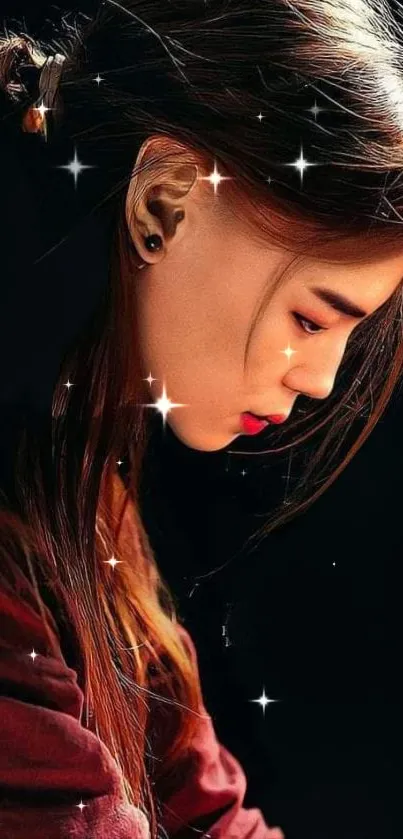 Elegant portrait with stars in night sky setting, perfect for mobile wallpaper.