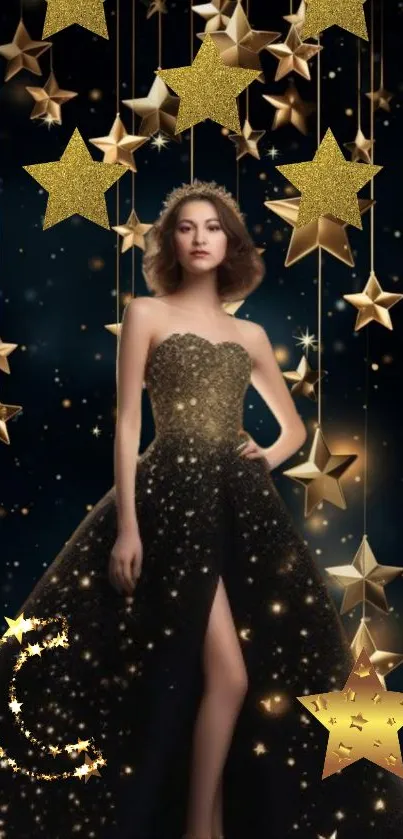 Woman in a shimmering gown with golden stars on a dark background wallpaper.