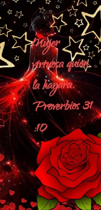 Red rose with golden stars and Proverbs 31 quote on dark background.