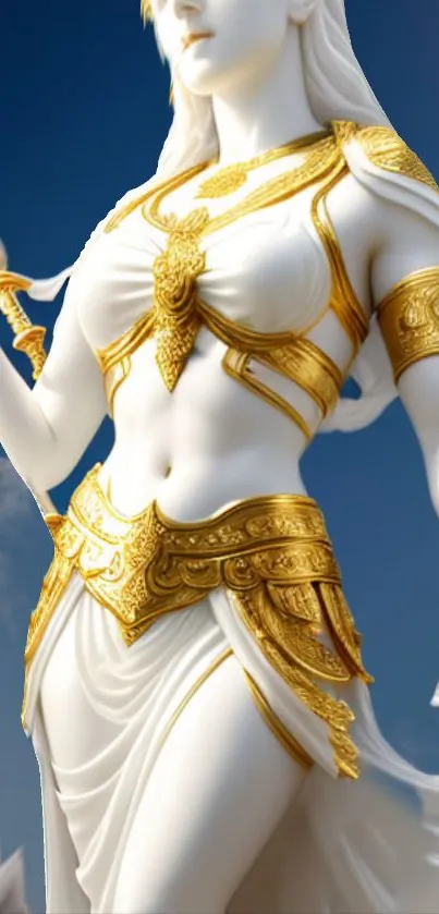 Elegant gold and ivory statue against blue sky.