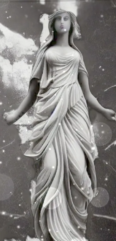 Mobile wallpaper of a marble statue on cosmic background.