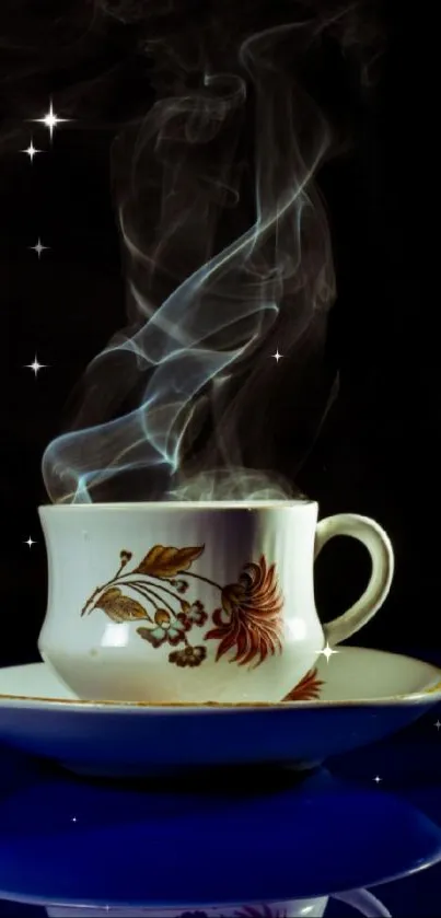 Steaming coffee cup with a reflective base on a dark background.