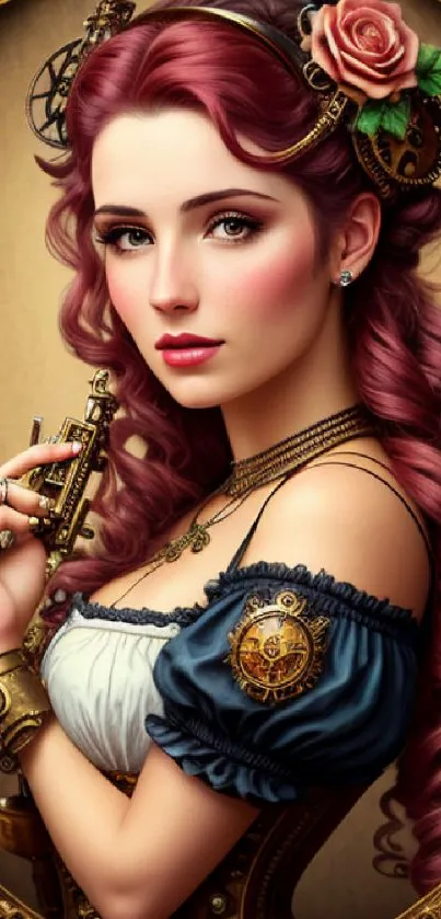 Steampunk-themed wallpaper of a woman with gears and floral accents.