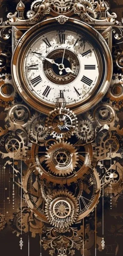 Steampunk clock with intricate gear design in bronze tones.