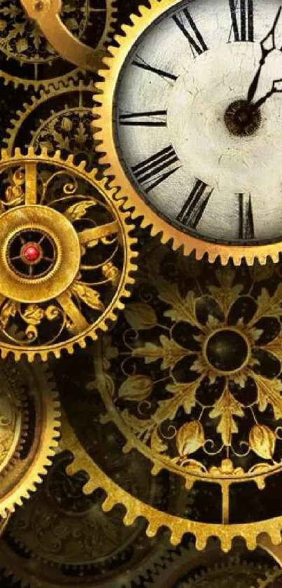 Steampunk clock wallpaper with golden gears and intricate design.