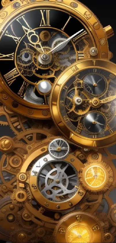 Elegant steampunk clock with golden gears and Roman numerals on mobile wallpaper.