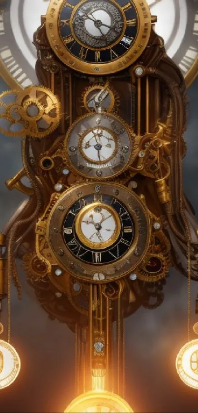 Intricate steampunk clockwork design with golden gears and vintage elements.