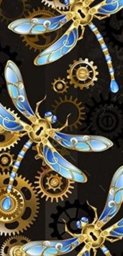 Steampunk design with blue dragonflies and golden gears.