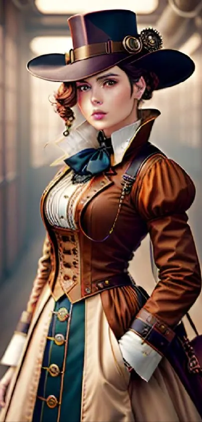 Steampunk style woman in Victorian attire standing indoors.