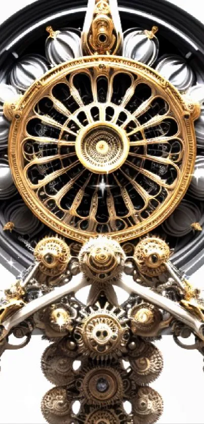 Intricate steampunk gear design in gold and silver for a stunning mobile wallpaper.