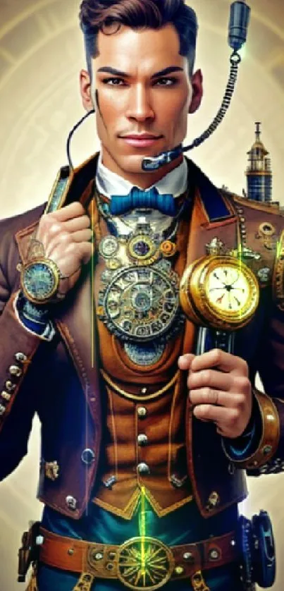 Elegant steampunk gentleman with gears in futuristic attire.