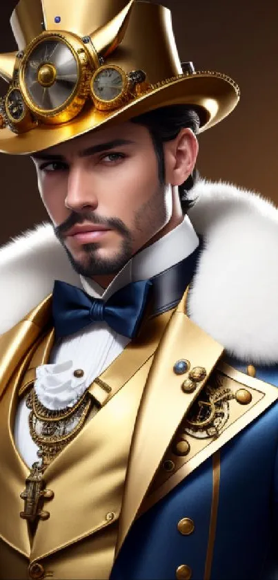 Steampunk gentleman in gold and blue attire with intricate gears.