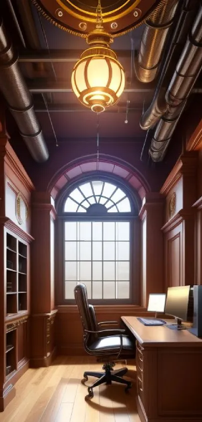 Steampunk office wallpaper with wood and metallic accents.