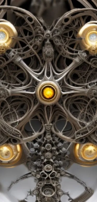 Ornate steampunk wallpaper with gears and glowing amber orbs.