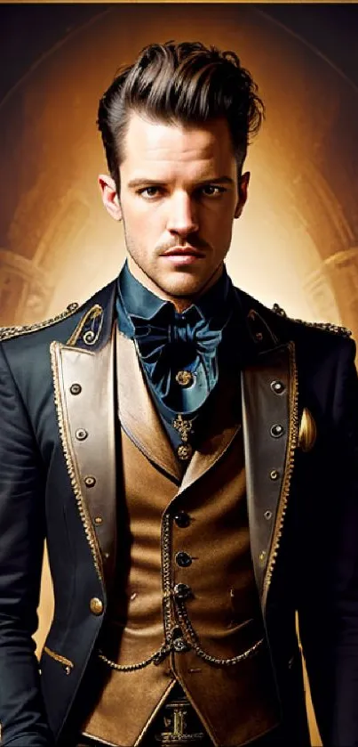 Steampunk gentleman in a gold-framed portrait against a vintage background.