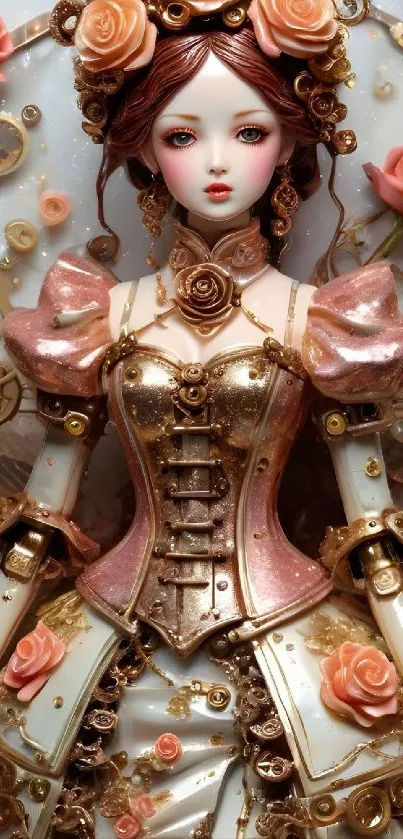 Elegant steampunk doll with floral accents and intricate details.