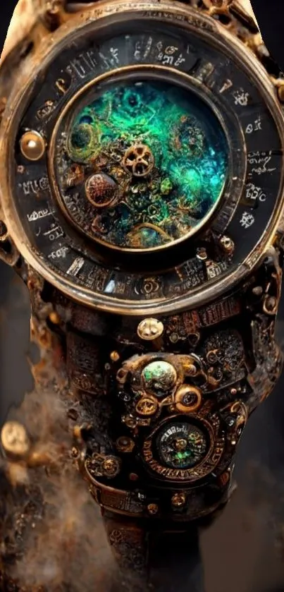 Steampunk watch with intricate gears and glowing green light.