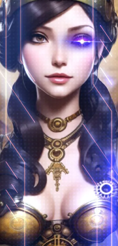 Steampunk-inspired wallpaper with elegant woman and blue glow.