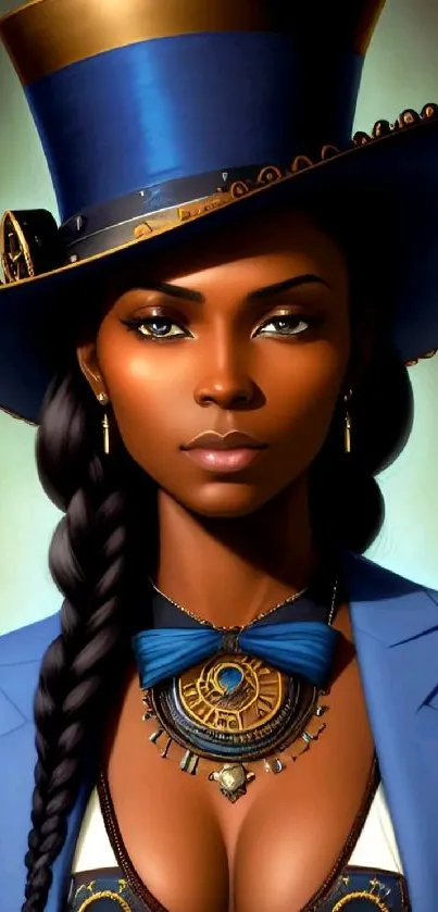 Elegant woman in steampunk attire with blue theme.